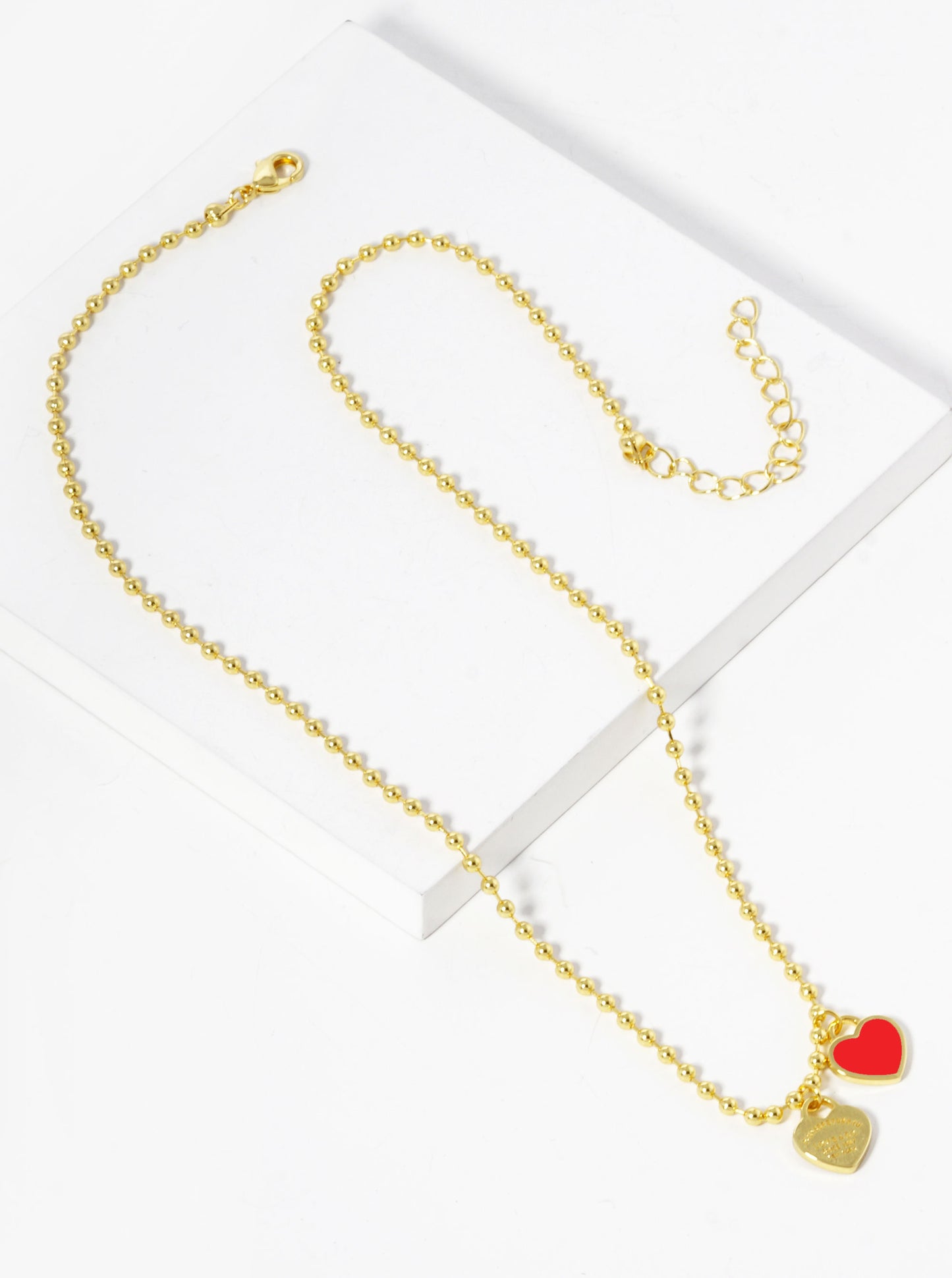 18K Gold Dipped Enamel Filled Double Heart Pendant Ball Chain Necklace