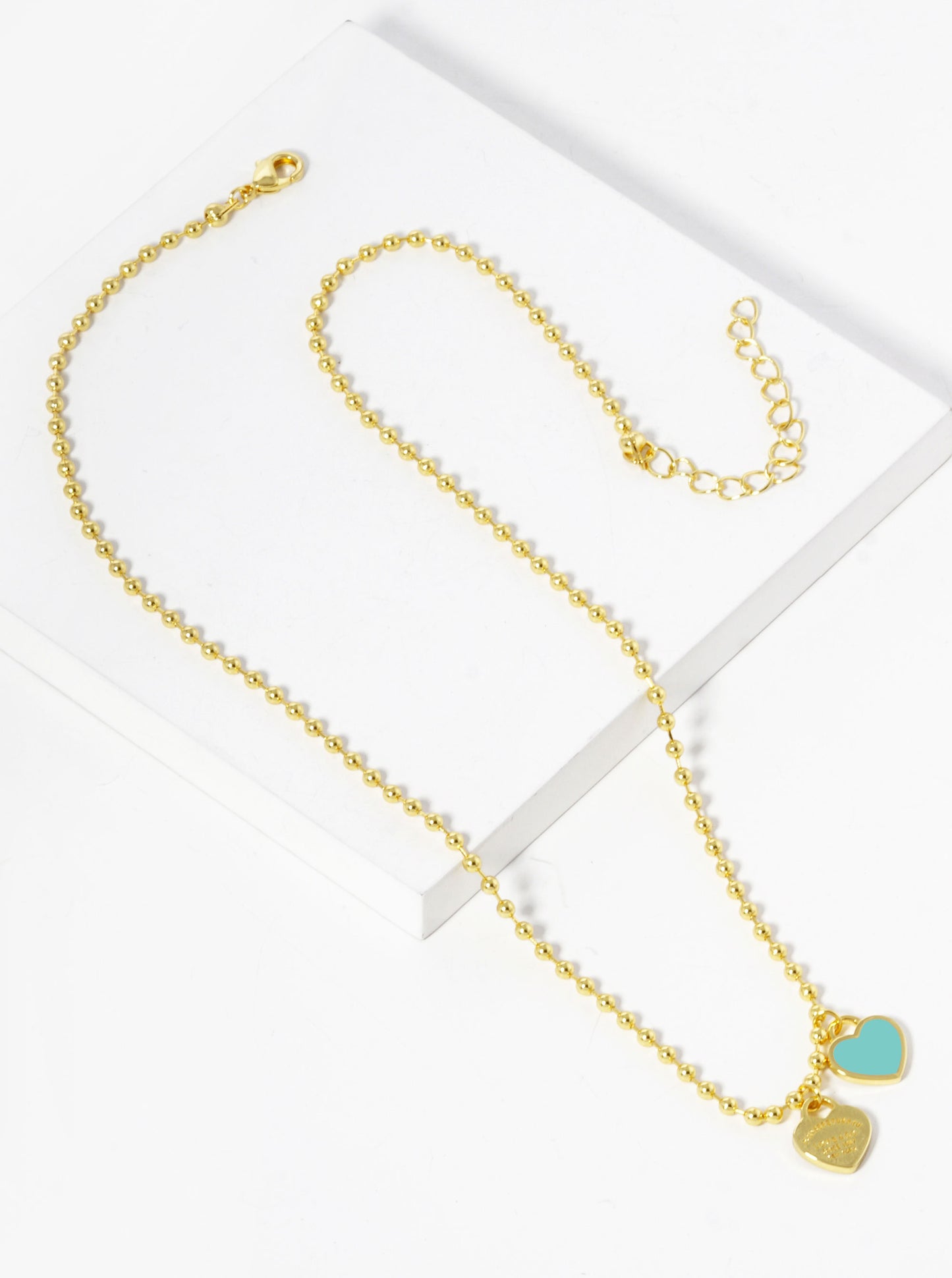 18K Gold Dipped Enamel Filled Double Heart Pendant Ball Chain Necklace