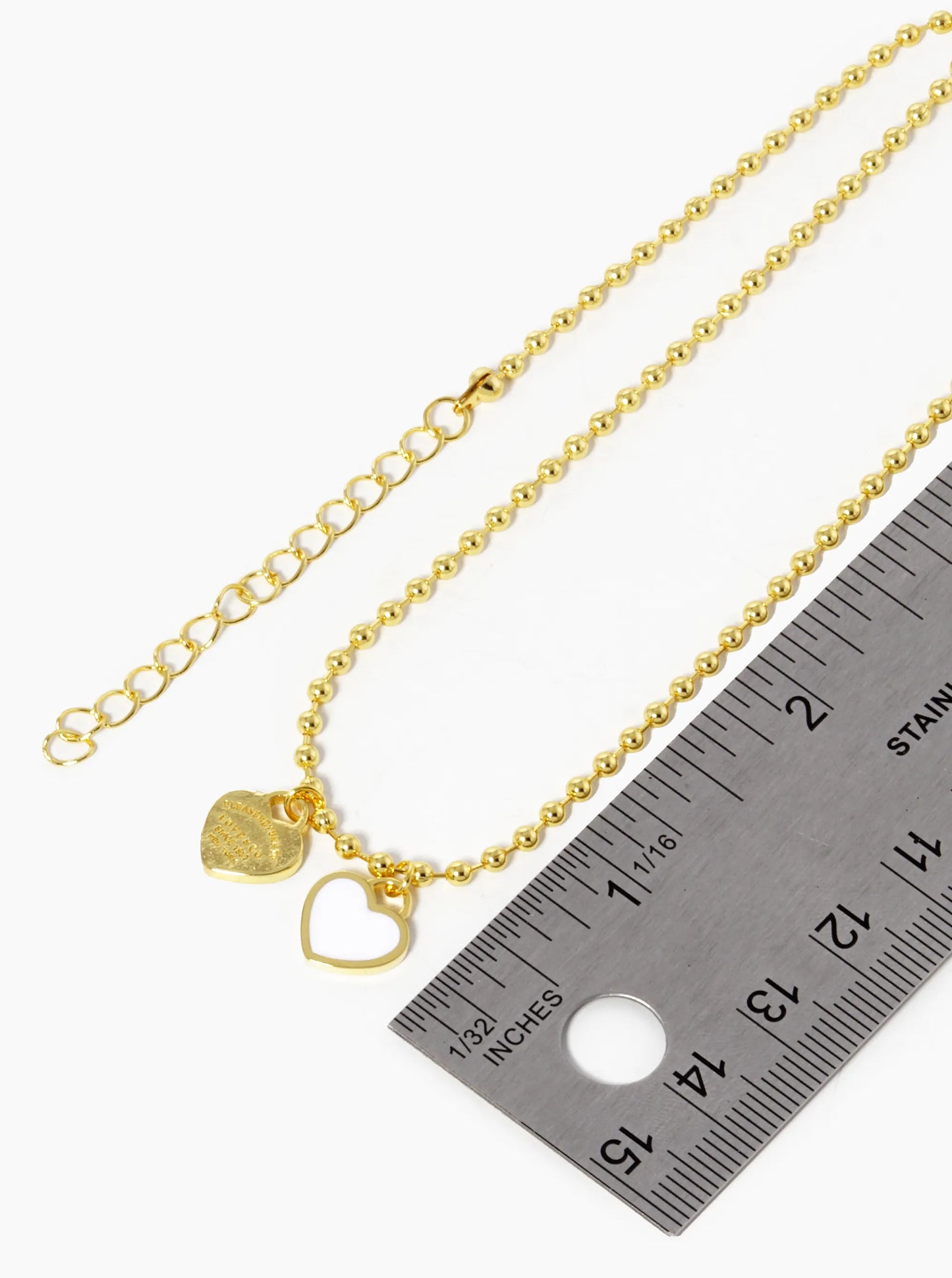 18K Gold Dipped Enamel Filled Double Heart Pendant Ball Chain Necklace