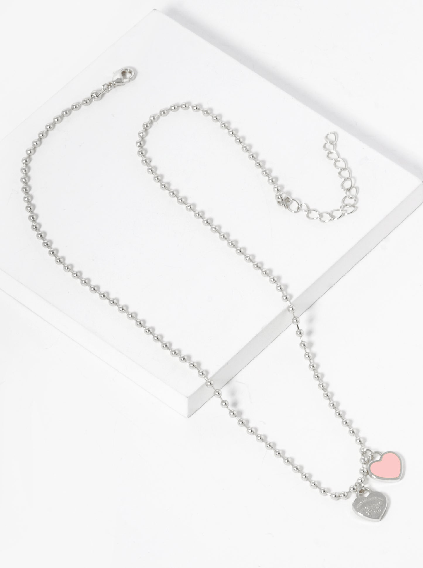 18K Gold Dipped Enamel Filled Double Heart Pendant Ball Chain Necklace