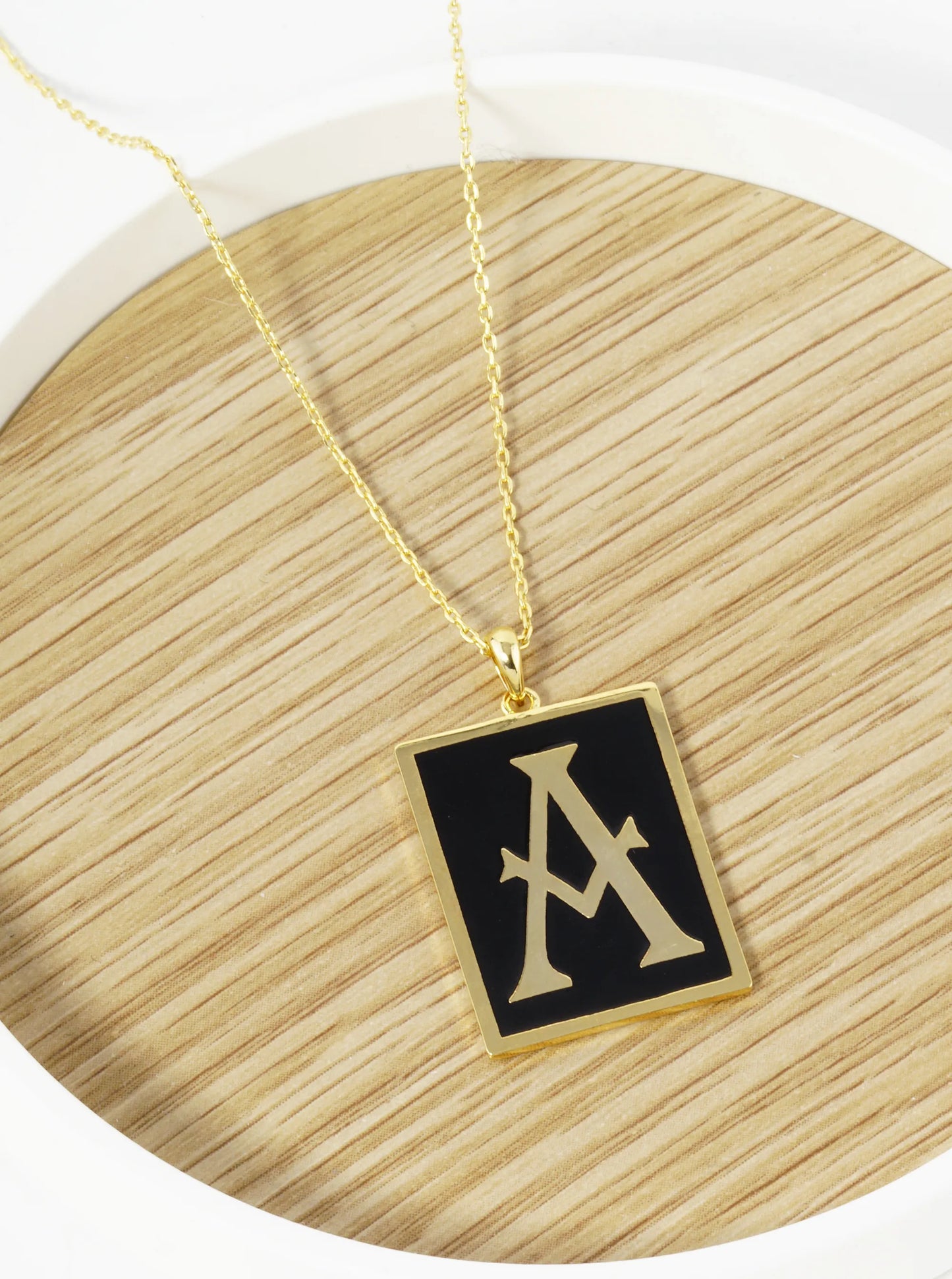 18K Gold Dipped Enamel Filled Rectangular Initial Pendant Necklace