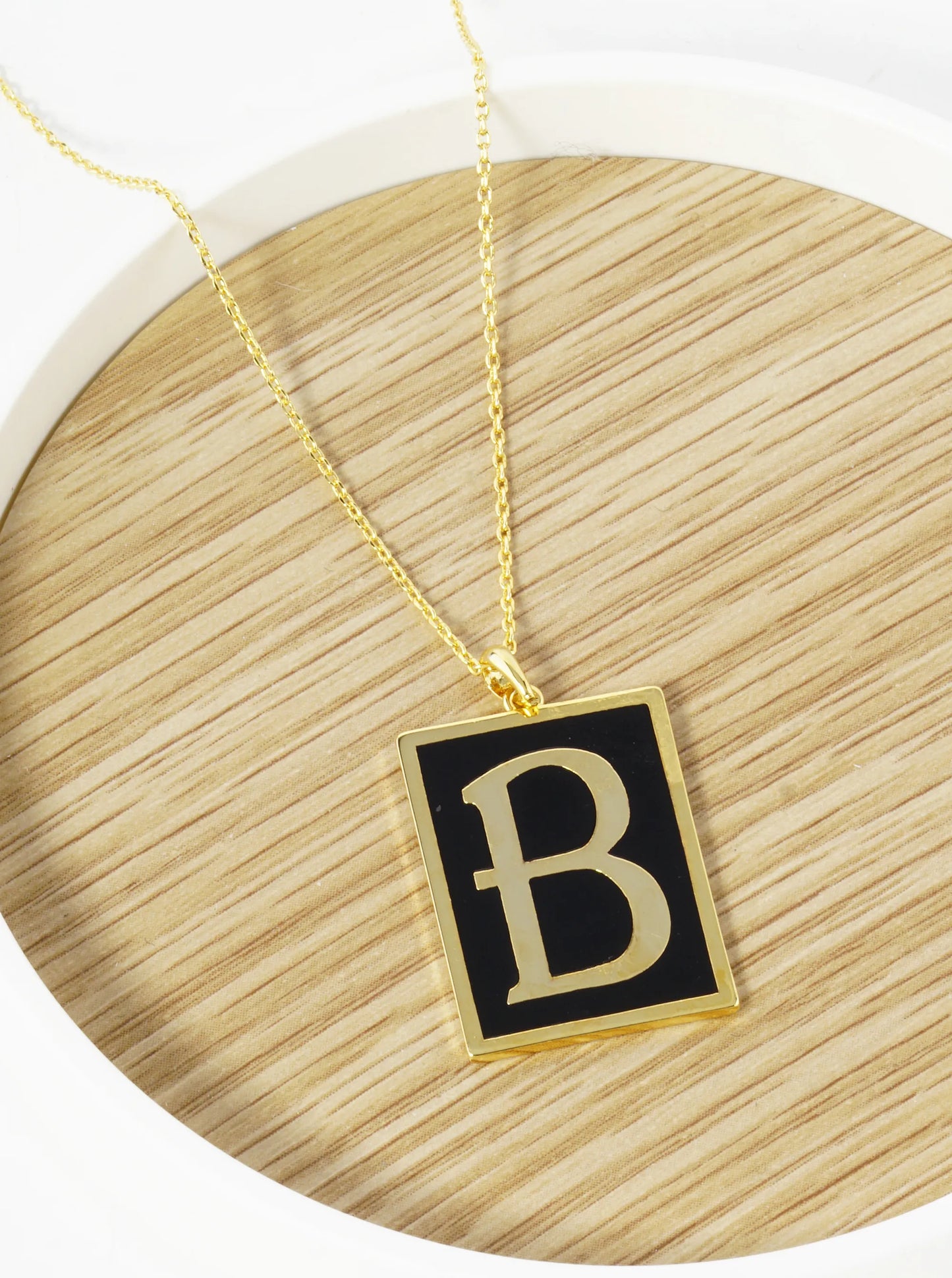 18K Gold Dipped Enamel Filled Rectangular Initial Pendant Necklace