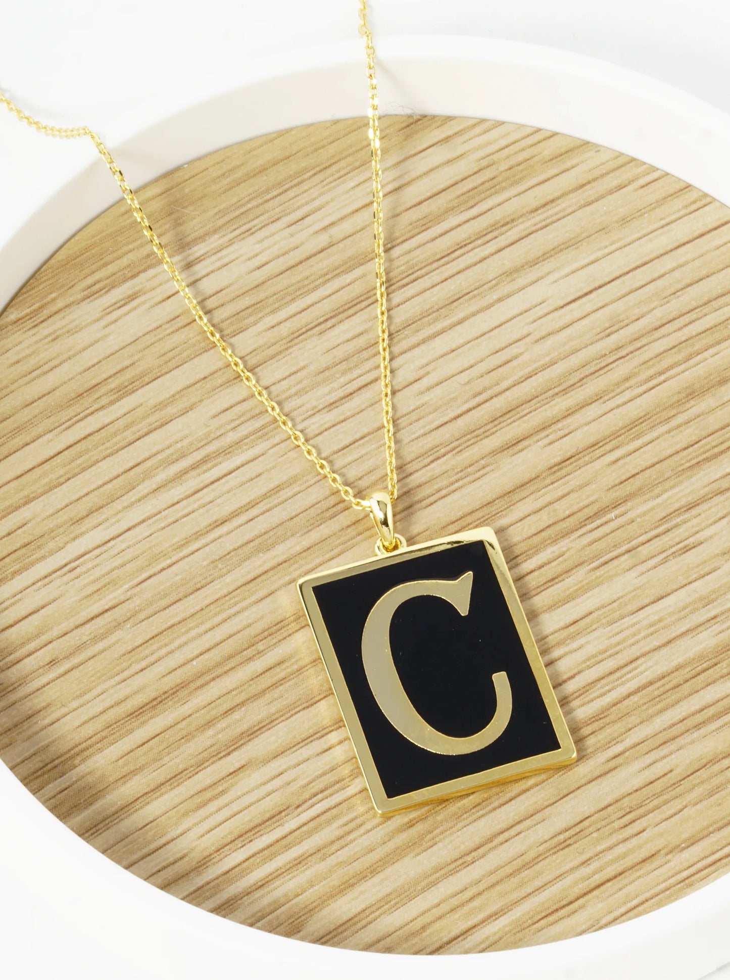 18K Gold Dipped Enamel Filled Rectangular Initial Pendant Necklace