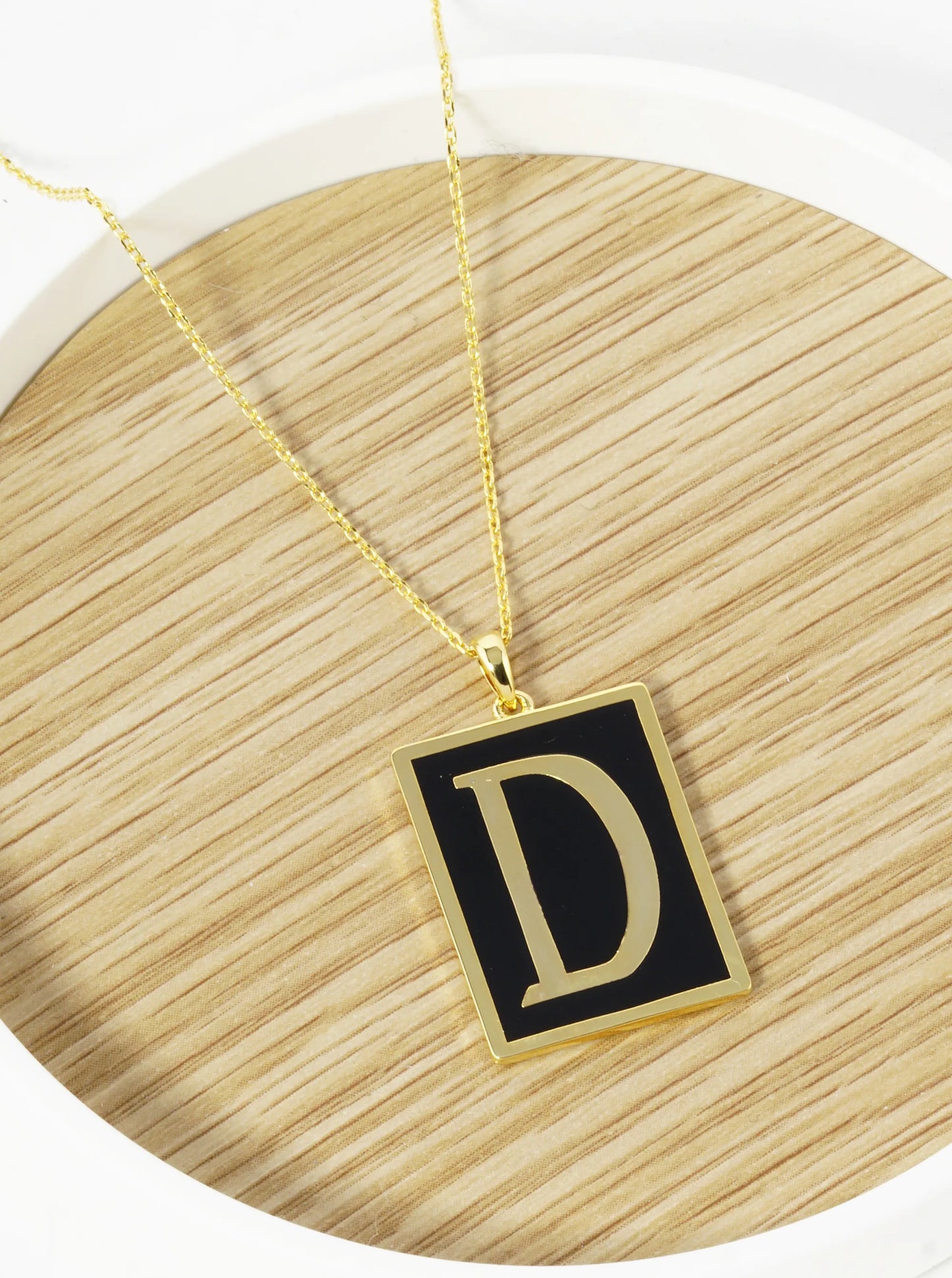 18K Gold Dipped Enamel Filled Rectangular Initial Pendant Necklace