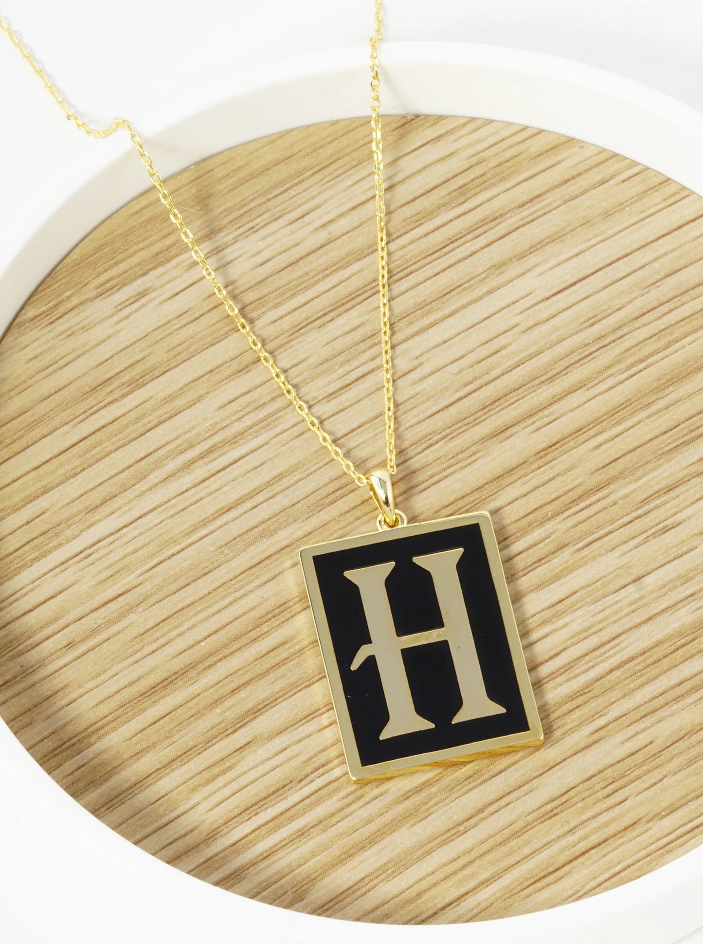 18K Gold Dipped Enamel Filled Rectangular Initial Pendant Necklace
