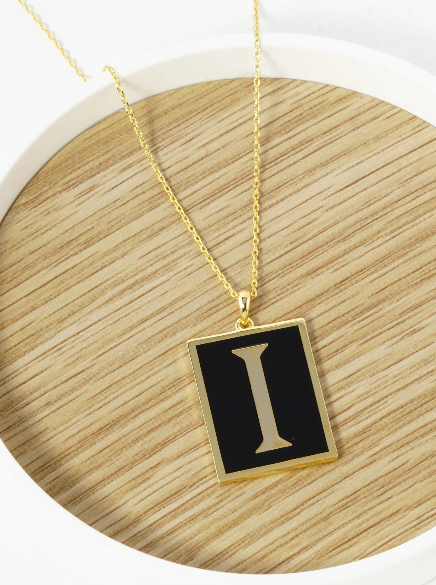 18K Gold Dipped Enamel Filled Rectangular Initial Pendant Necklace