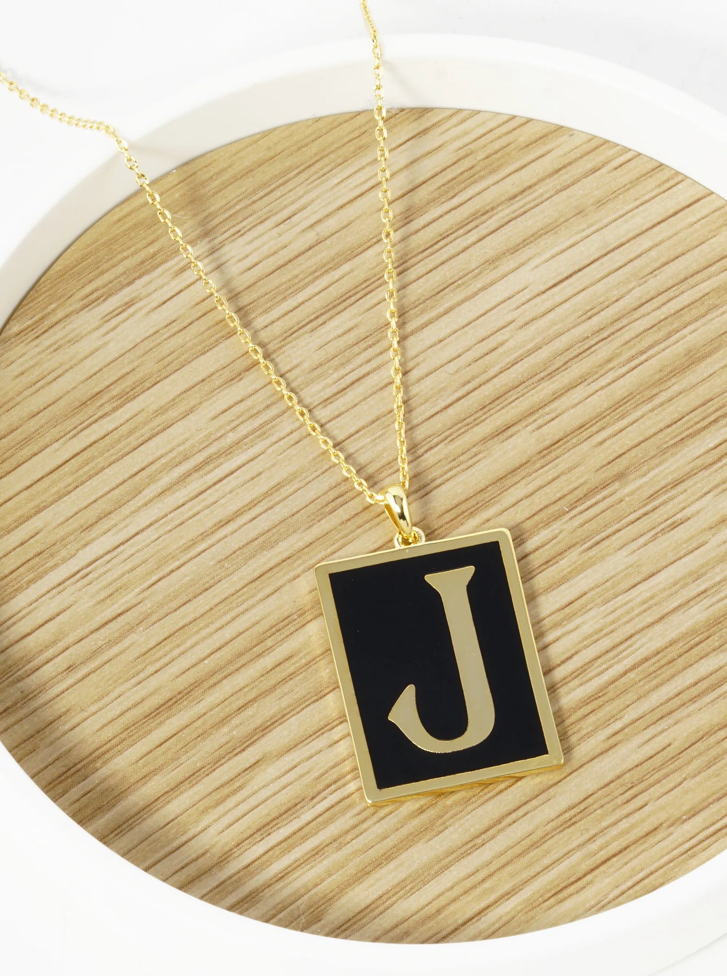 18K Gold Dipped Enamel Filled Rectangular Initial Pendant Necklace