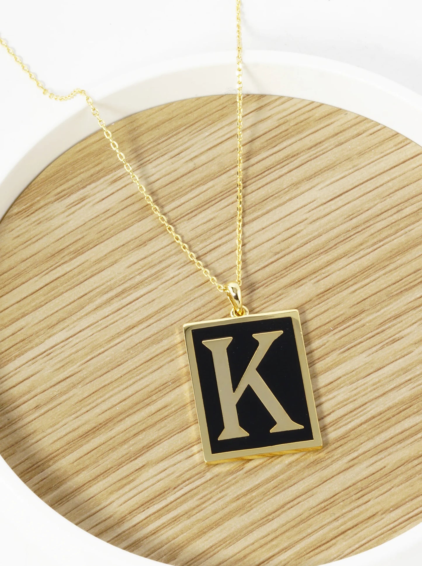 18K Gold Dipped Enamel Filled Rectangular Initial Pendant Necklace
