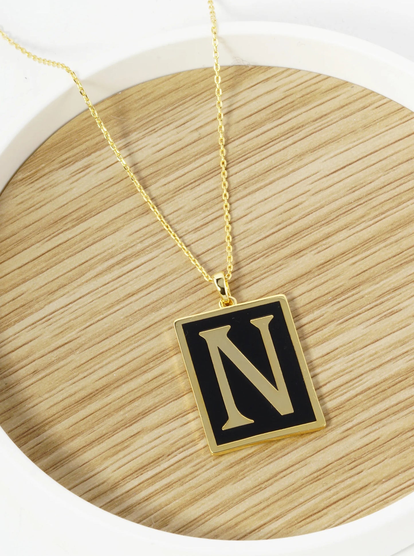 18K Gold Dipped Enamel Filled Rectangular Initial Pendant Necklace