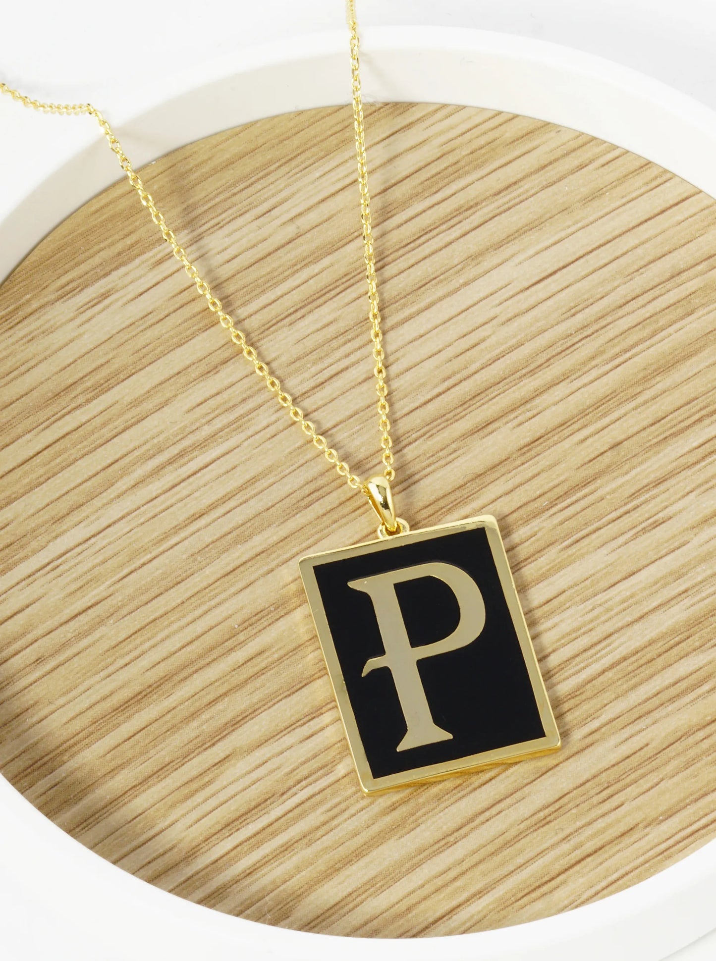 18K Gold Dipped Enamel Filled Rectangular Initial Pendant Necklace