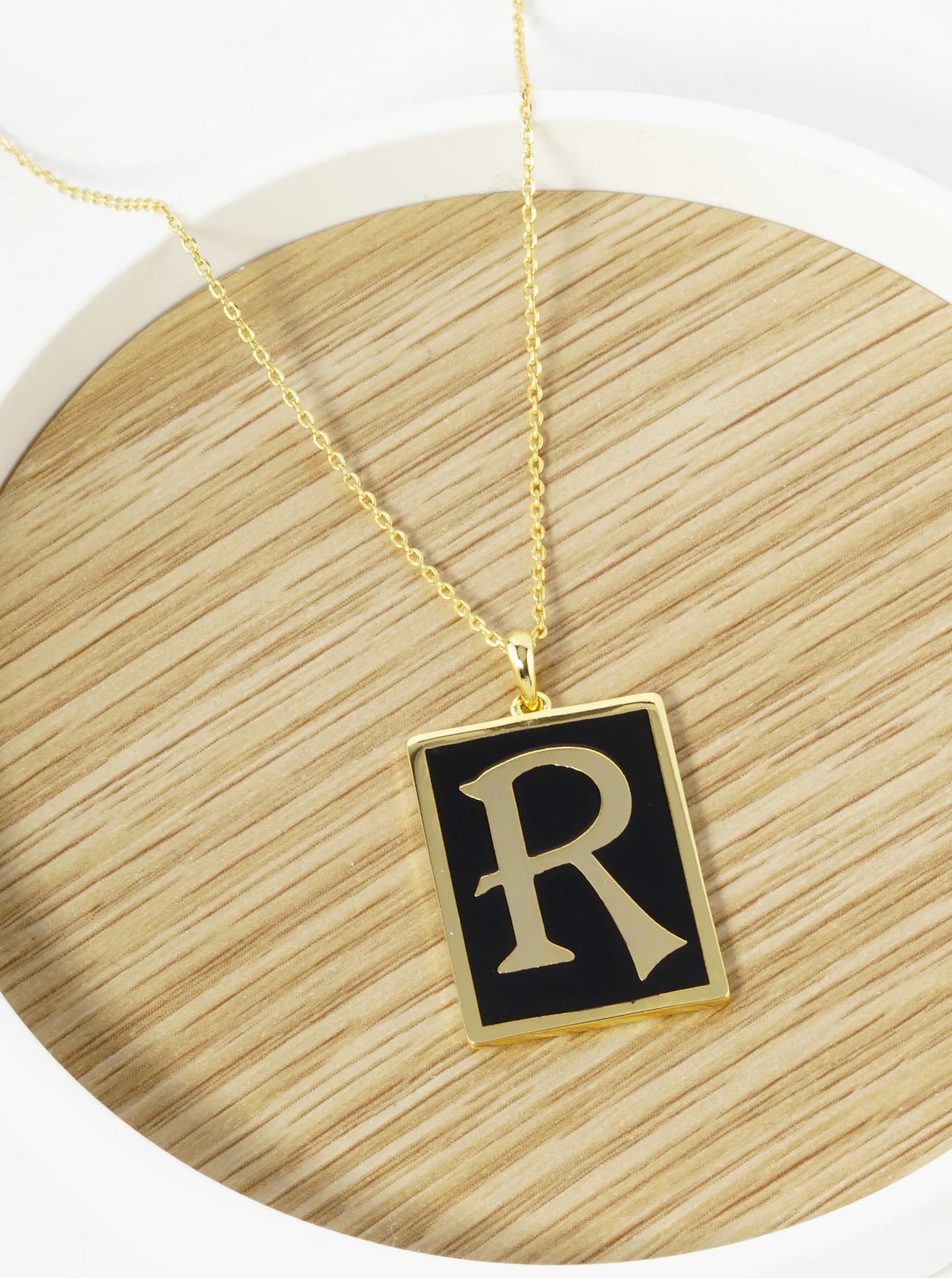 18K Gold Dipped Enamel Filled Rectangular Initial Pendant Necklace