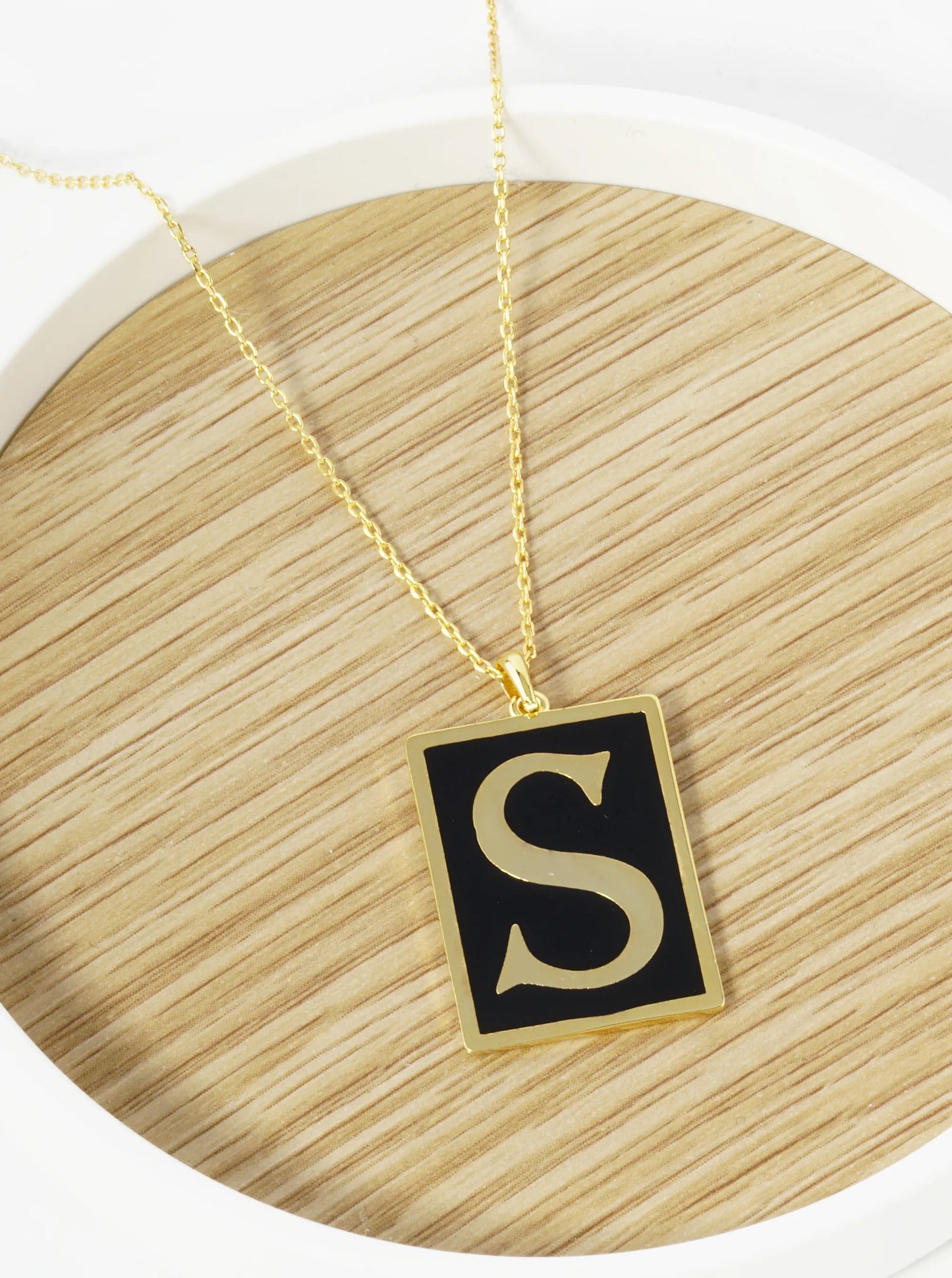 18K Gold Dipped Enamel Filled Rectangular Initial Pendant Necklace