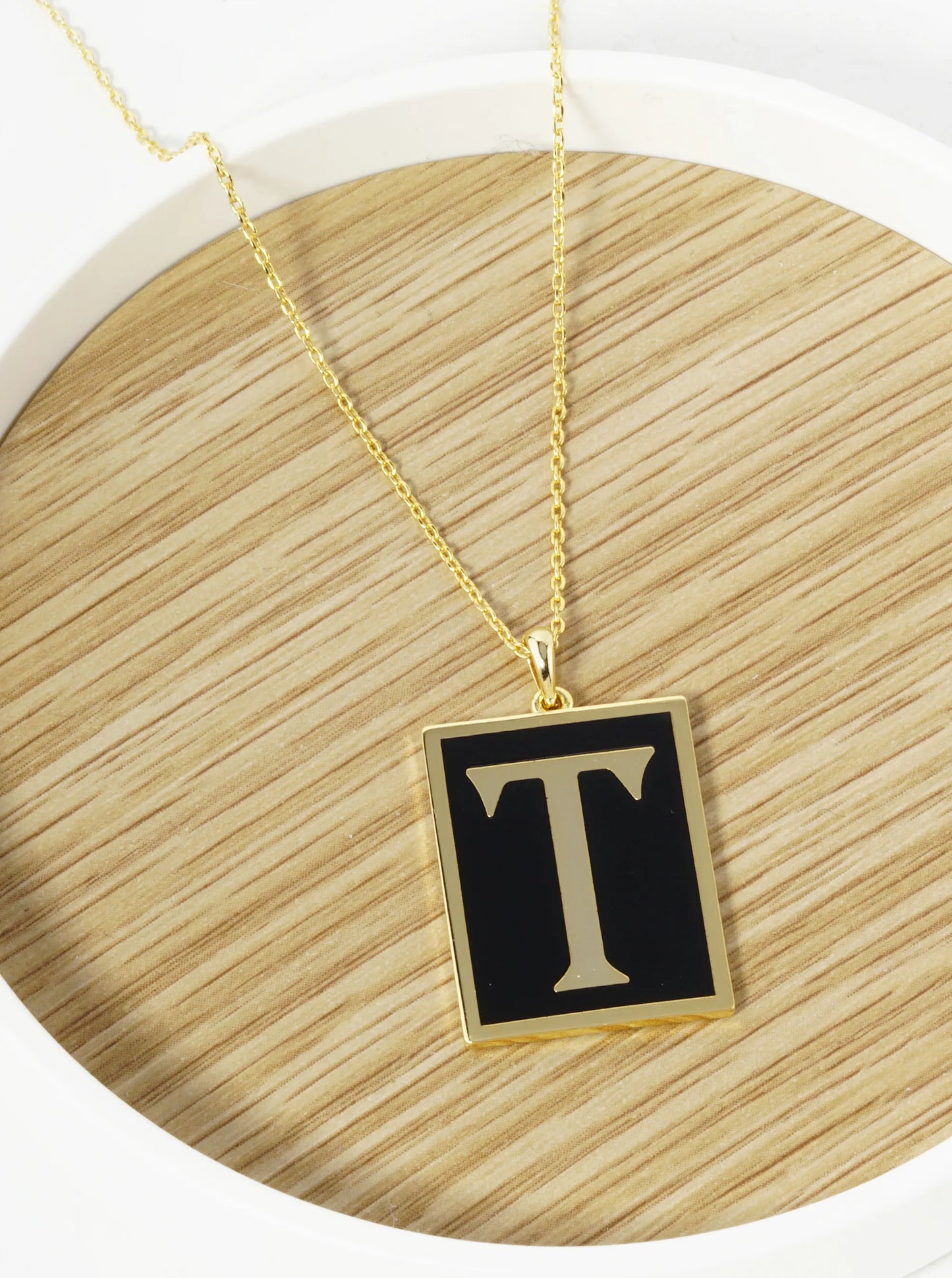 18K Gold Dipped Enamel Filled Rectangular Initial Pendant Necklace