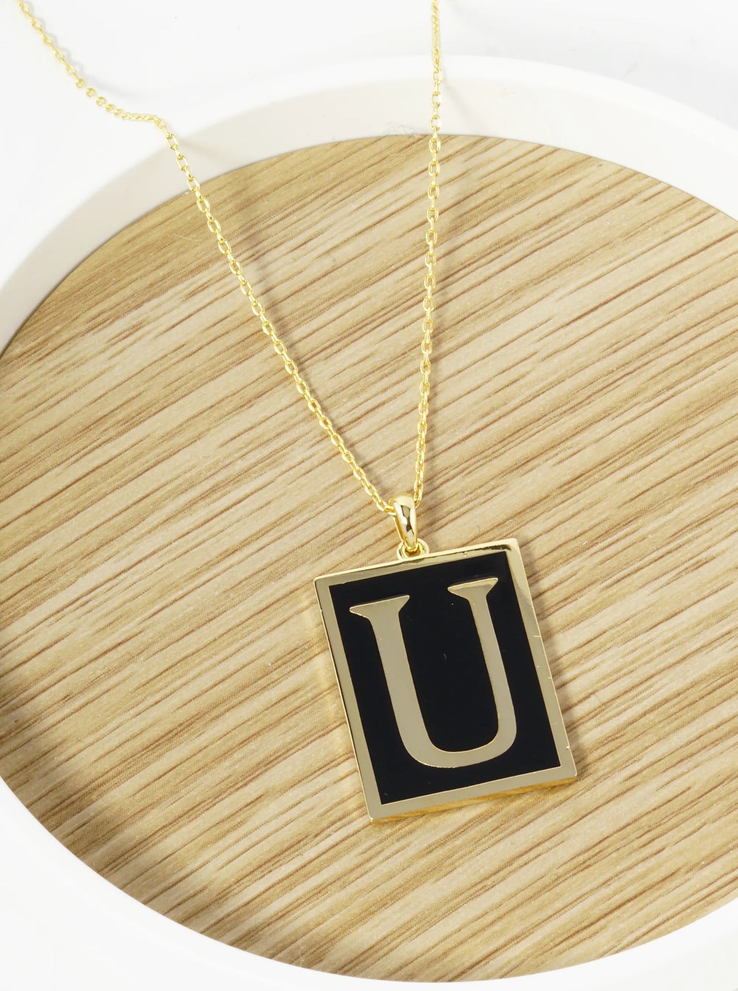 18K Gold Dipped Enamel Filled Rectangular Initial Pendant Necklace