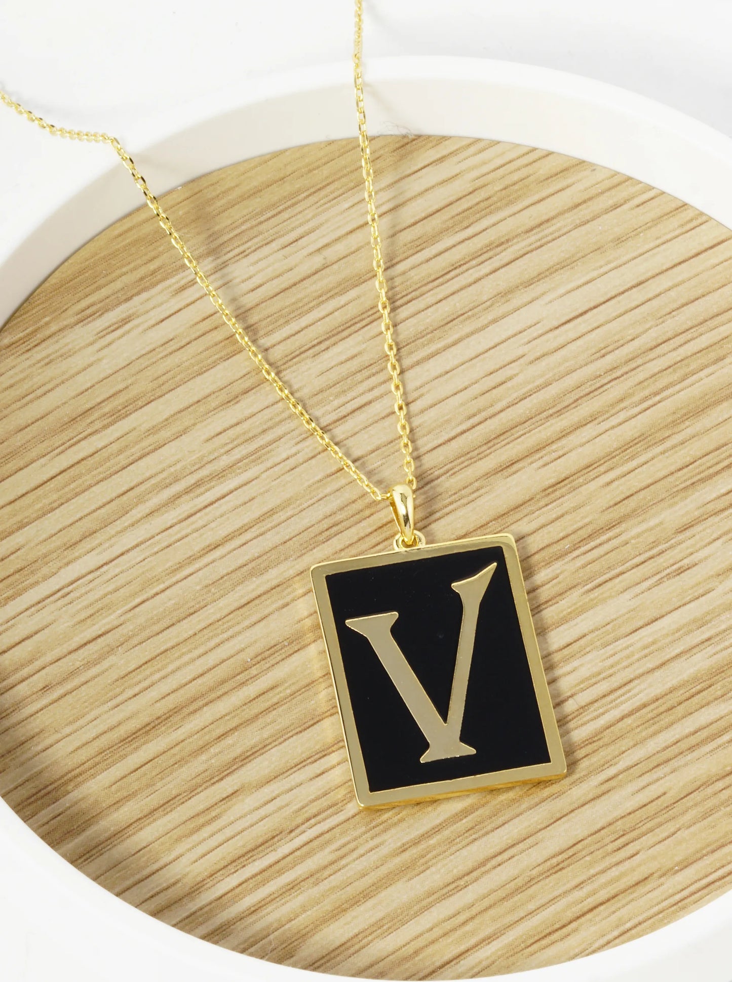 18K Gold Dipped Enamel Filled Rectangular Initial Pendant Necklace