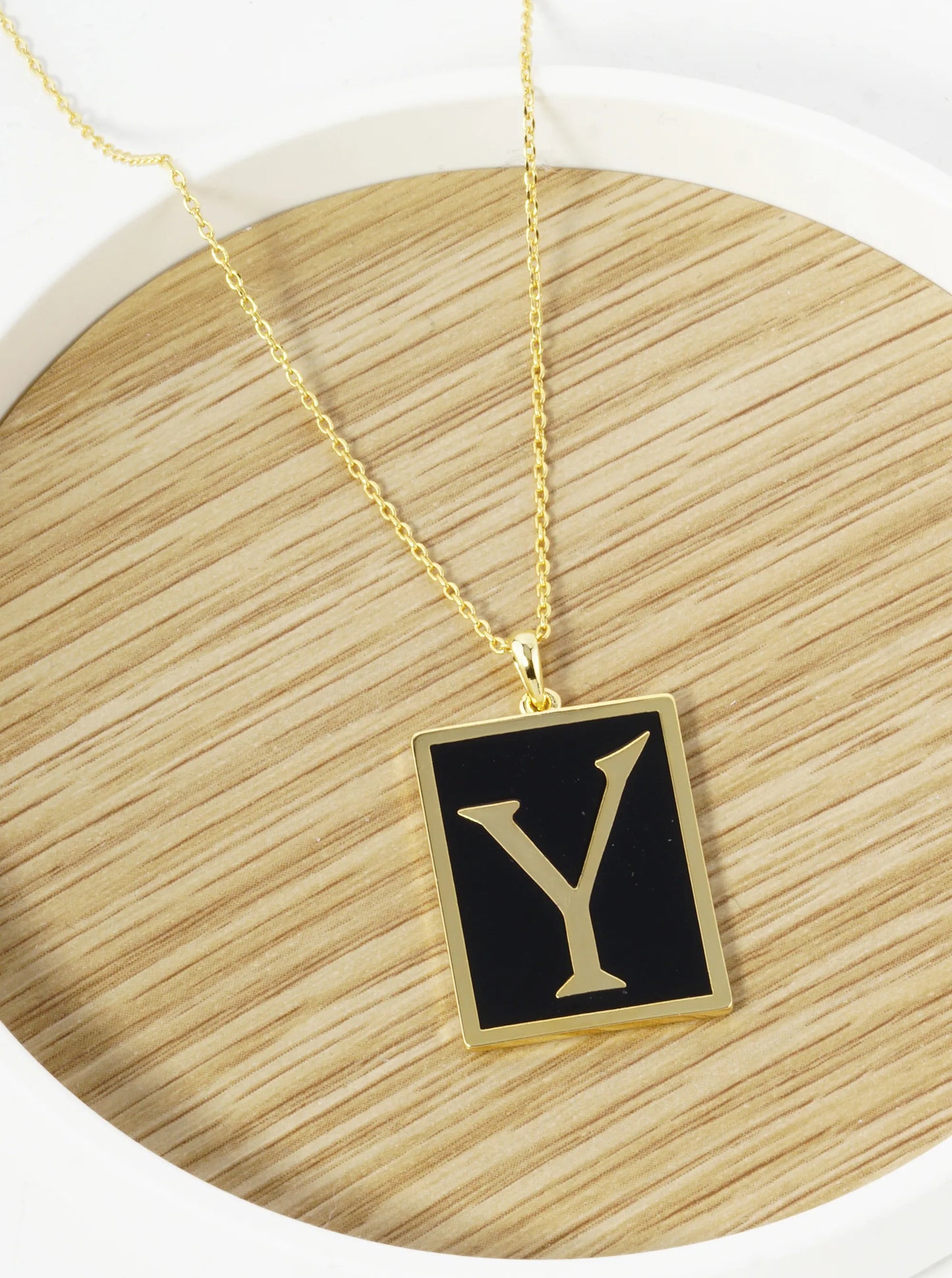 18K Gold Dipped Enamel Filled Rectangular Initial Pendant Necklace
