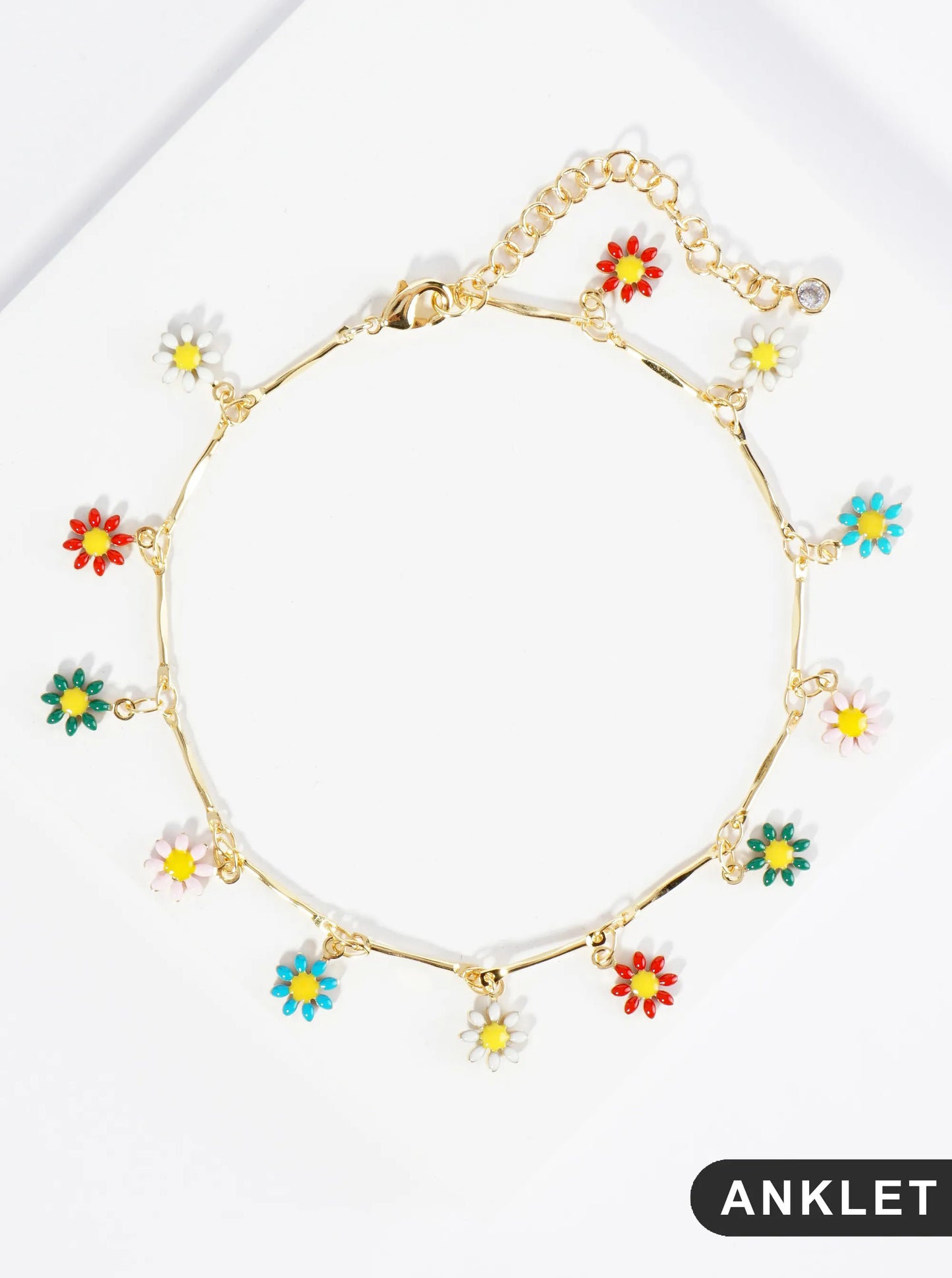 18K Gold Dipped Enamel Flower Charms Brass Chain Anklet