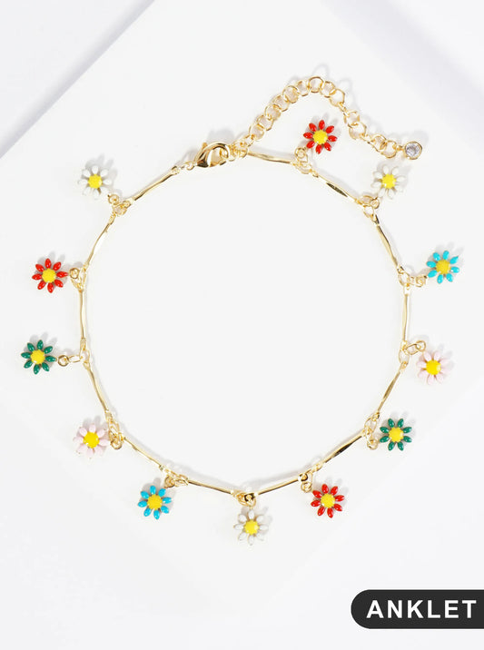 18K Gold Dipped Enamel Flower Charms Brass Chain Anklet