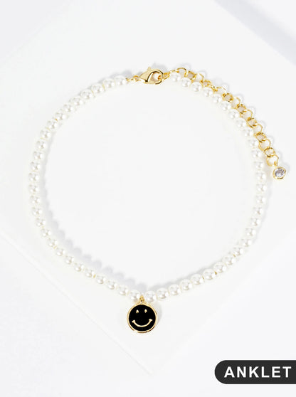 18K Gold Dipped Enamel Smiley Face Charm Pearl Chain Anklet