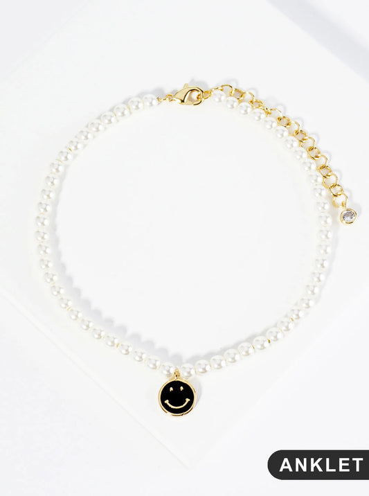 18K Gold Dipped Enamel Smiley Face Charm Pearl Chain Anklet