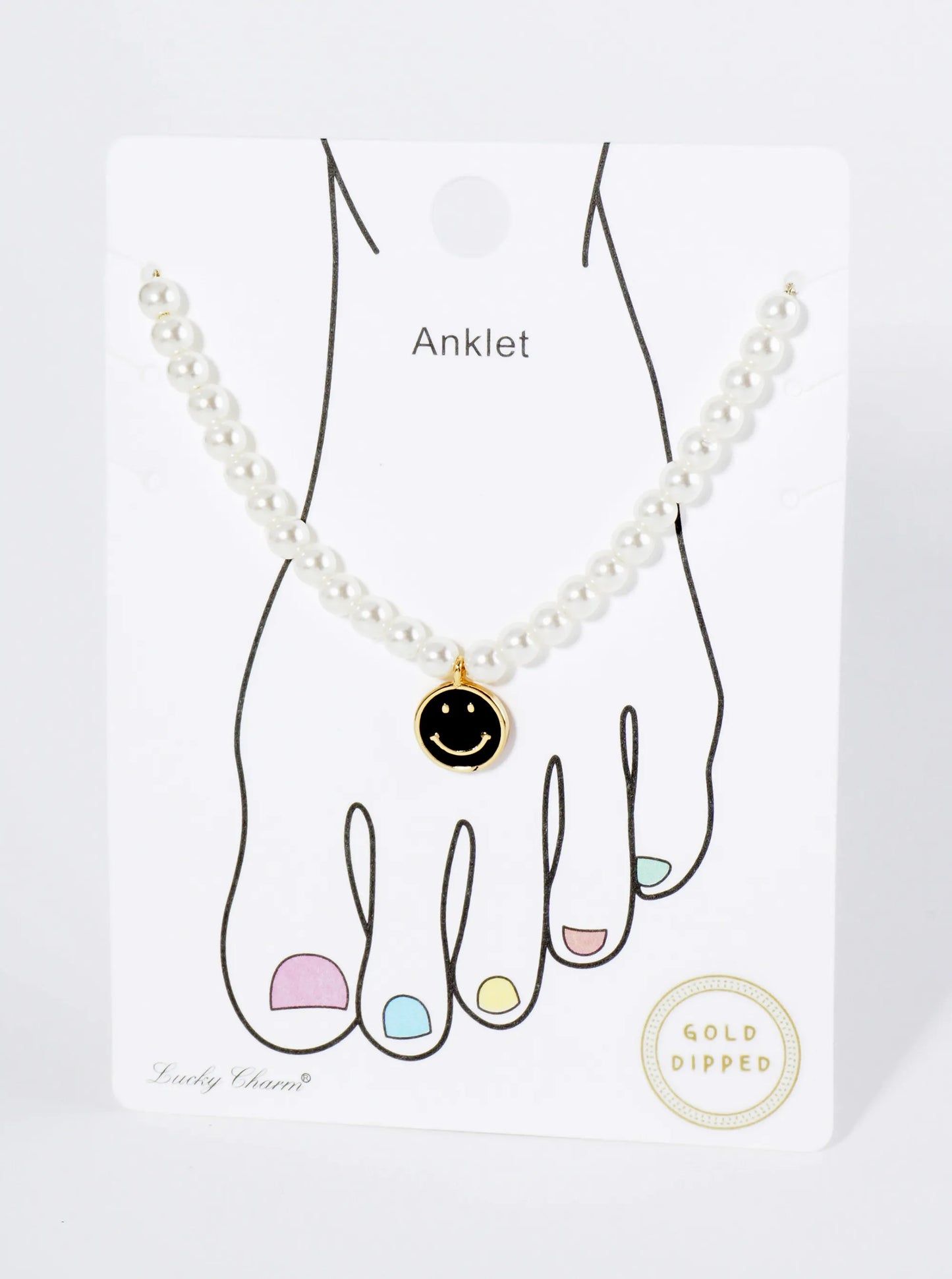 18K Gold Dipped Enamel Smiley Face Charm Pearl Chain Anklet