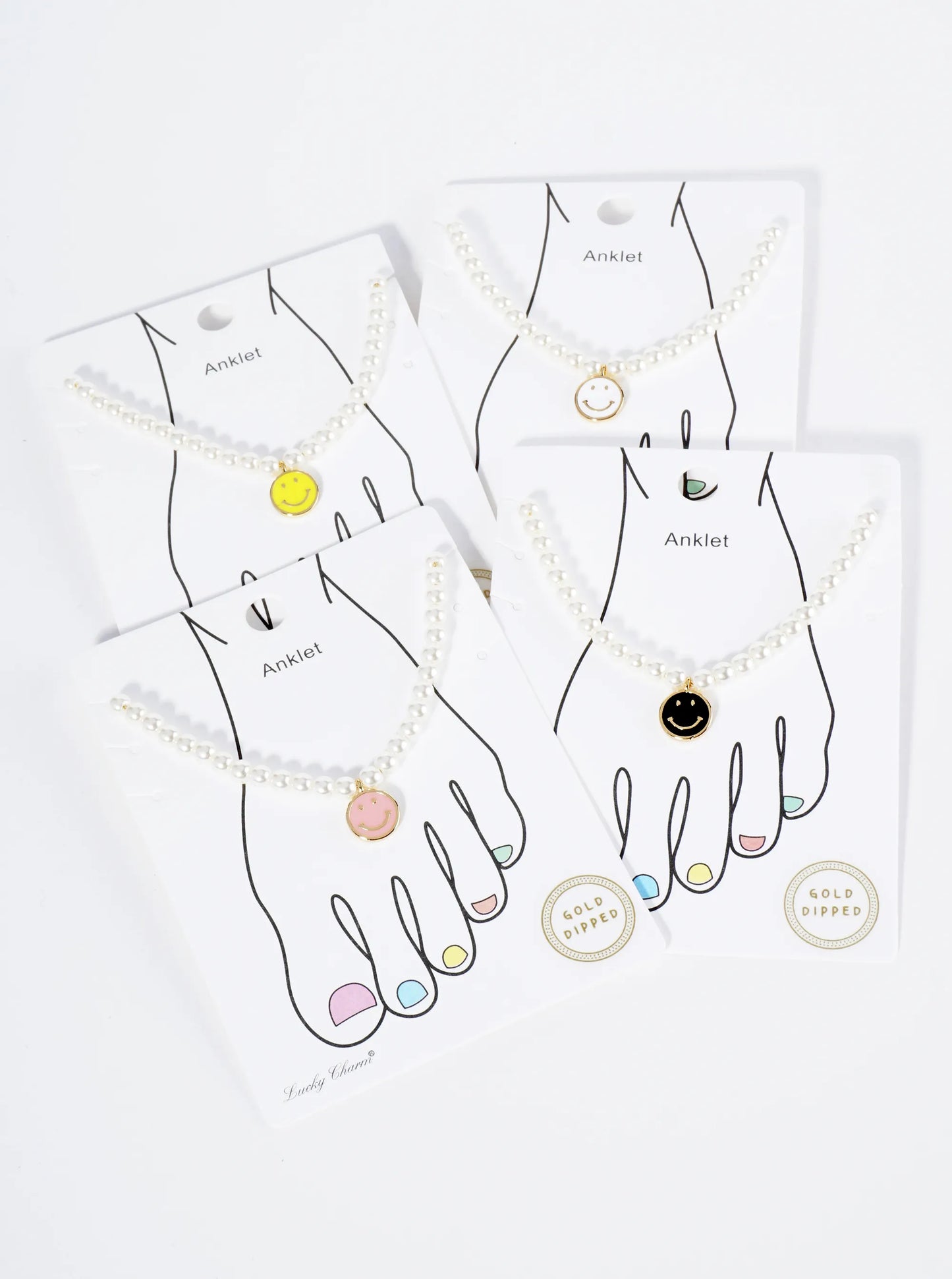 18K Gold Dipped Enamel Smiley Face Charm Pearl Chain Anklet