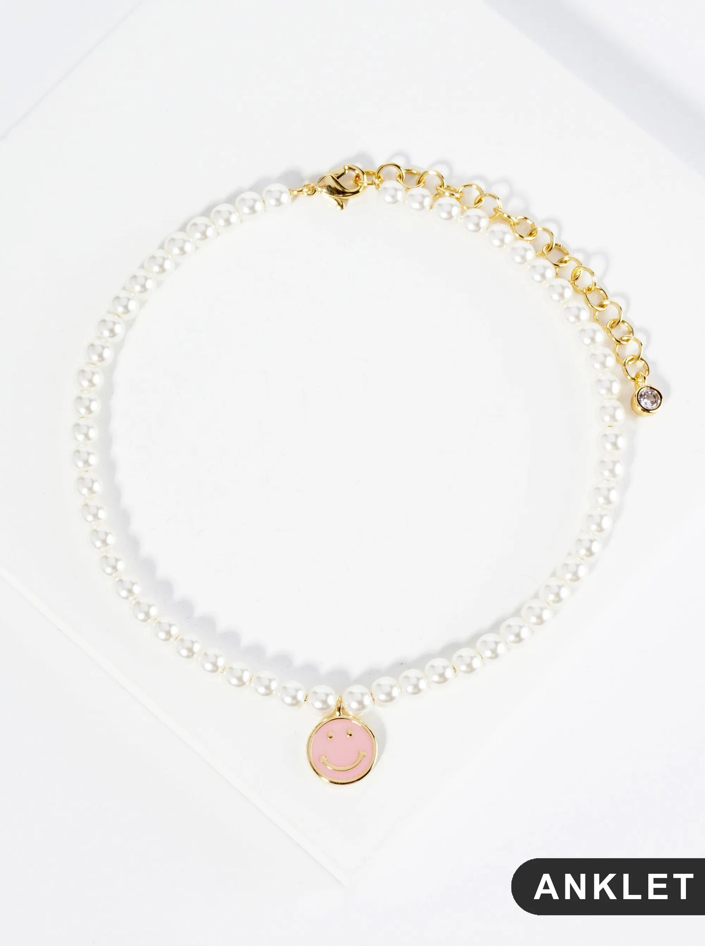 18K Gold Dipped Enamel Smiley Face Charm Pearl Chain Anklet