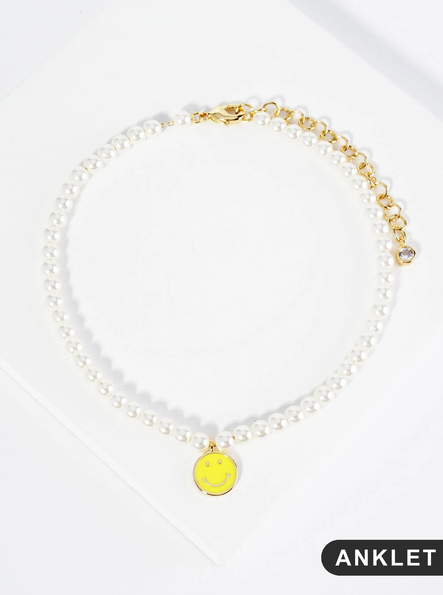 18K Gold Dipped Enamel Smiley Face Charm Pearl Chain Anklet
