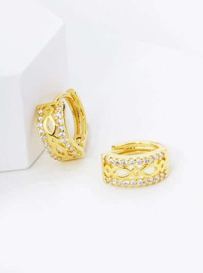 18K Gold Dipped Filigree Micro Pave Set Cubic Zirconia 12mm Huggie Hoop Earrings