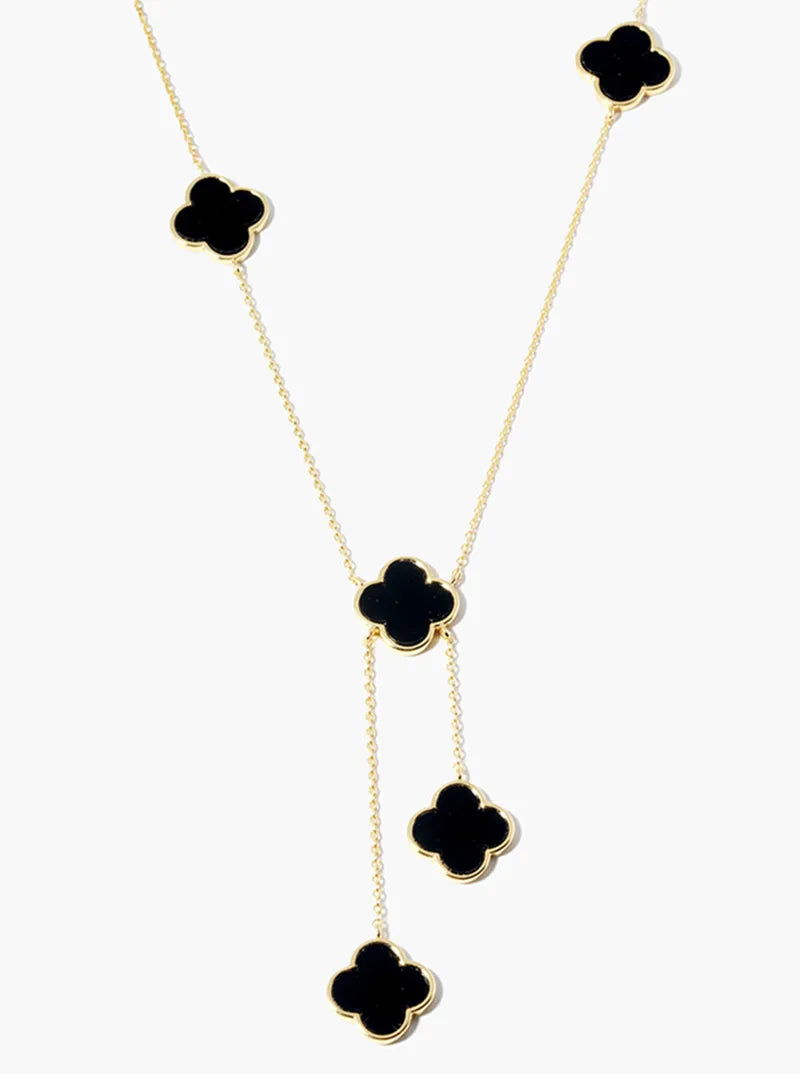 18K Gold Dipped Five 12mm Semi-Precious Quatrefoil Drop Lariat Necklace