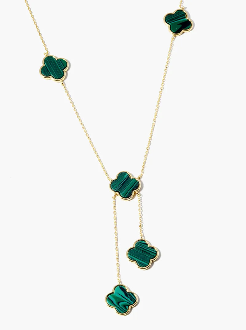 18K Gold Dipped Five 12mm Semi-Precious Quatrefoil Drop Lariat Necklace
