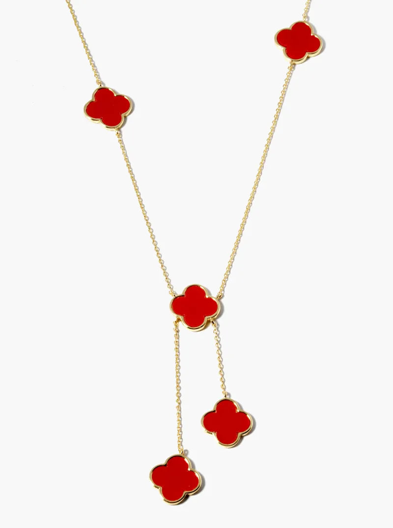 18K Gold Dipped Five 12mm Semi-Precious Quatrefoil Drop Lariat Necklace