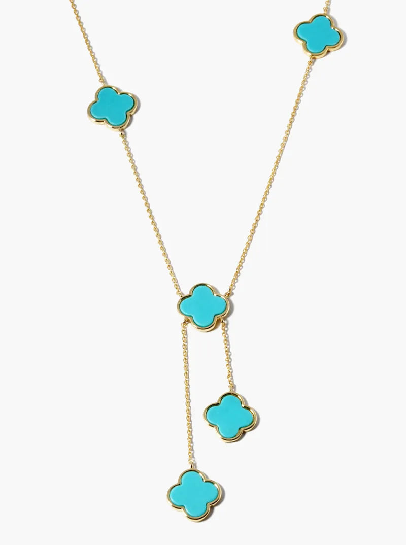 18K Gold Dipped Five 12mm Semi-Precious Quatrefoil Drop Lariat Necklace
