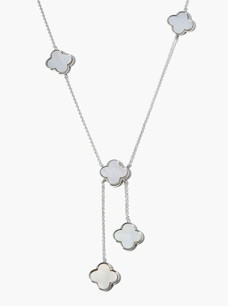18K Gold Dipped Five 12mm Semi-Precious Quatrefoil Drop Lariat Necklace