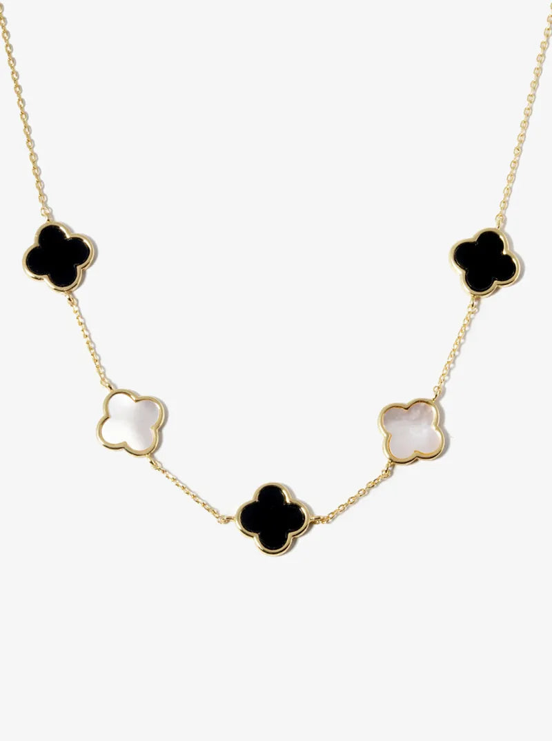 18K Gold Dipped Five 12mm Semi-Precious Quatrefoil Station Necklace