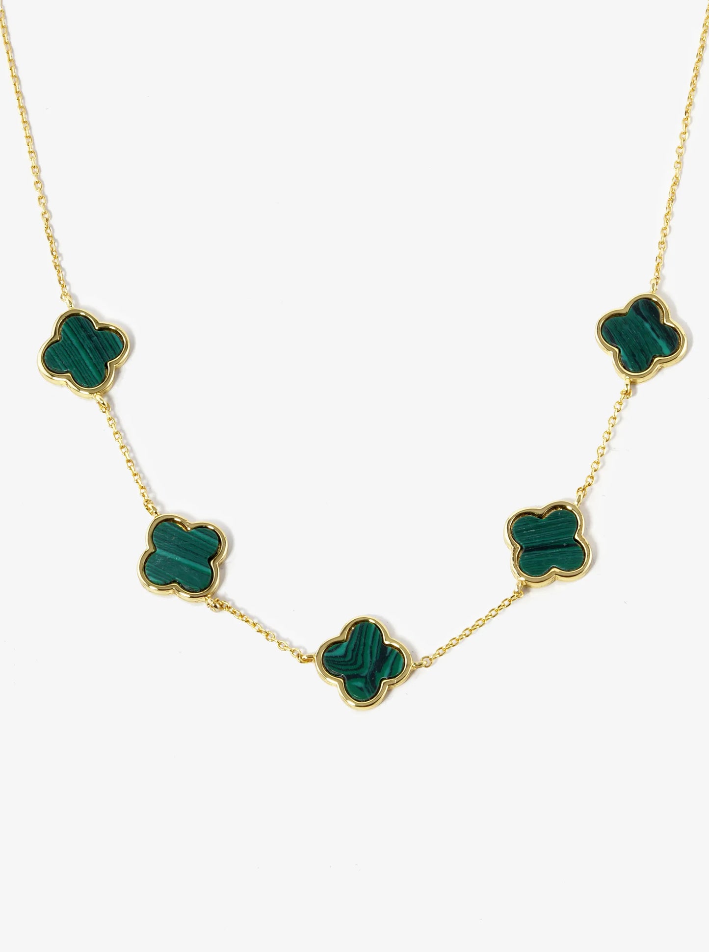18K Gold Dipped Five 12mm Semi-Precious Quatrefoil Station Necklace