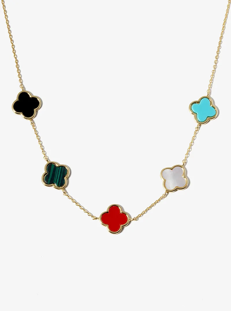 18K Gold Dipped Five 12mm Semi-Precious Quatrefoil Station Necklace