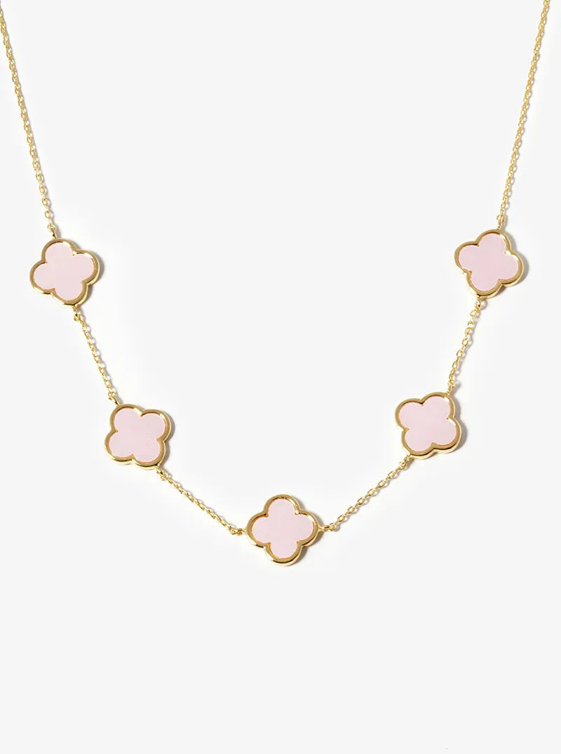18K Gold Dipped Five 12mm Semi-Precious Quatrefoil Station Necklace
