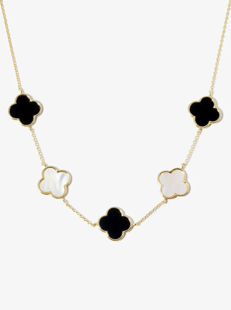 18K Gold Dipped Five 14mm Semi-Precious Quatrefoil Station Necklace
