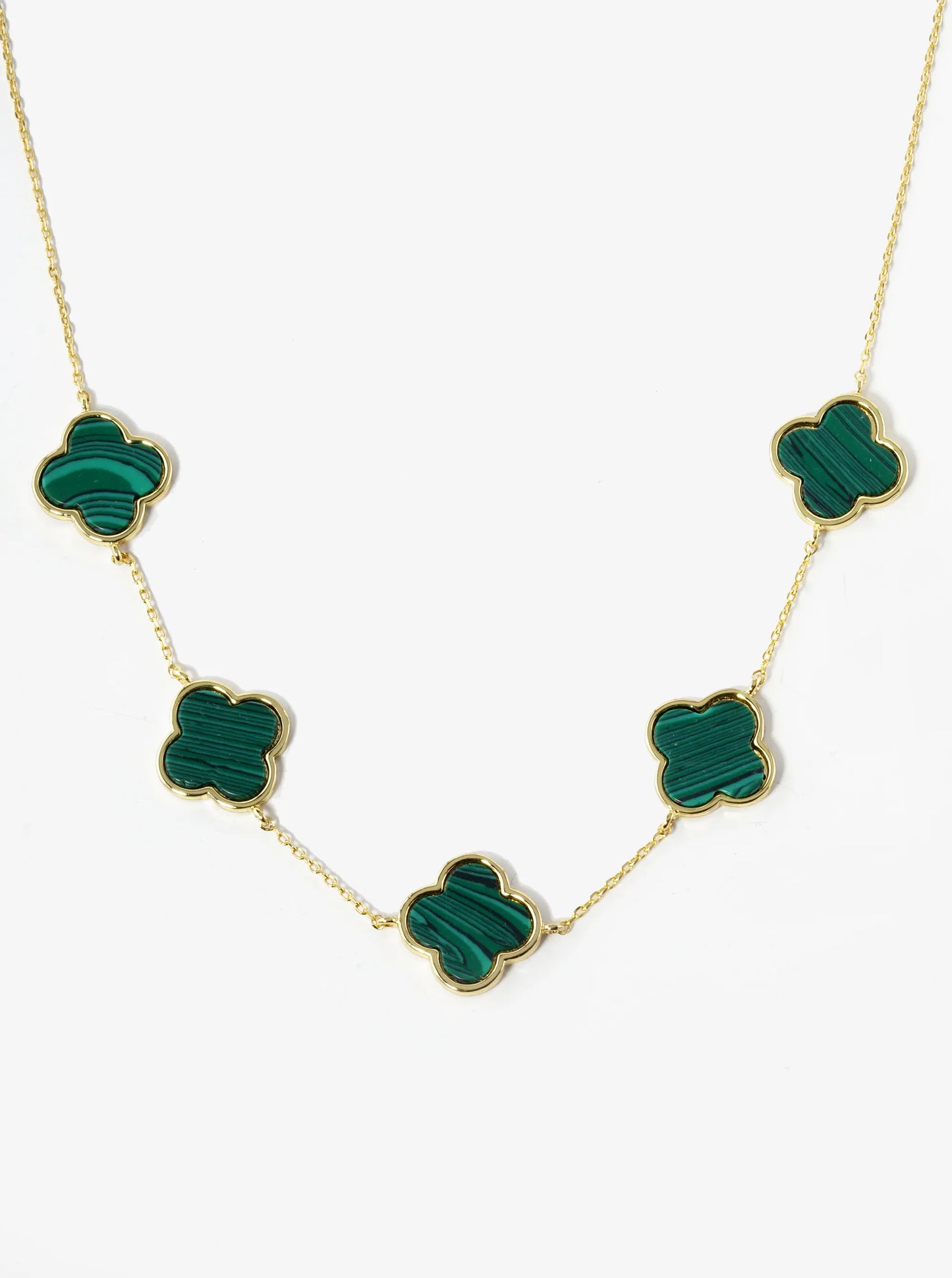 18K Gold Dipped Five 14mm Semi-Precious Quatrefoil Station Necklace