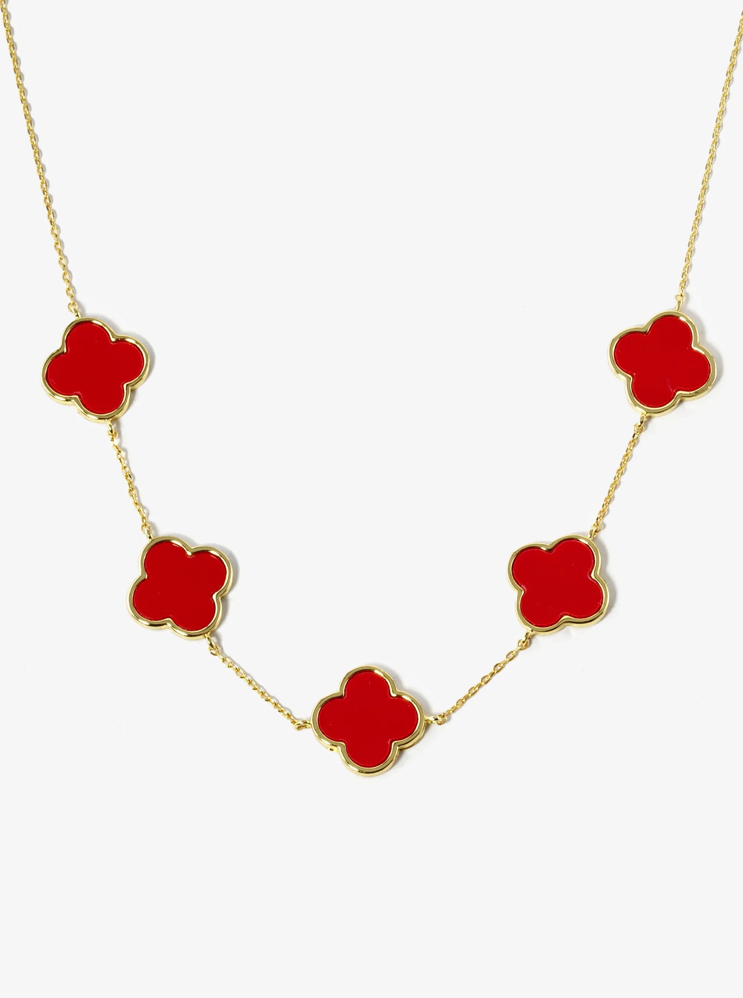 18K Gold Dipped Five 14mm Semi-Precious Quatrefoil Station Necklace