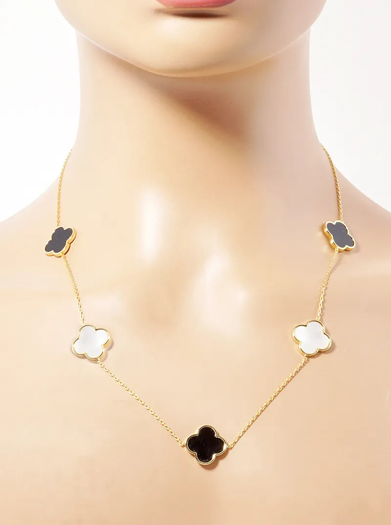 18K Gold Dipped Five 17mm Semi-Precious Quatrefoil Pendant 22 Inch Station Necklace