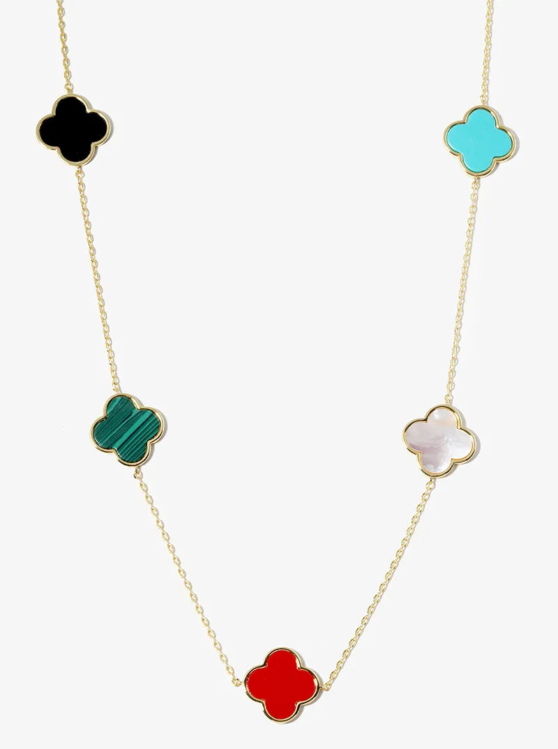 18K Gold Dipped Five 17mm Semi-Precious Quatrefoil Pendant 22 Inch Station Necklace