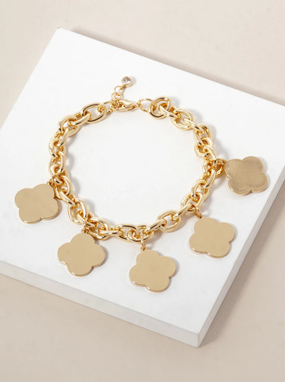 18K Gold Dipped Five Brass Quatrefoil Charms Chain Bracelet
