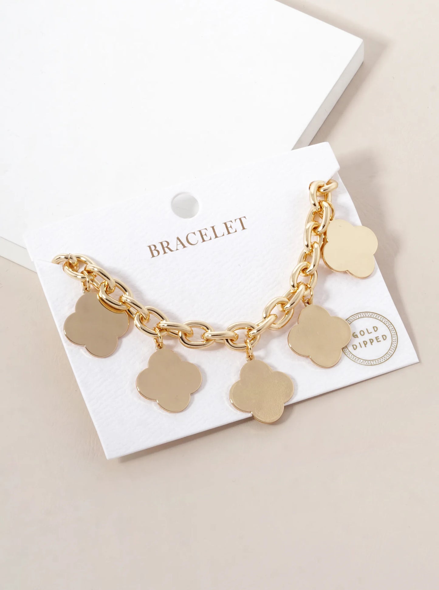 18K Gold Dipped Five Brass Quatrefoil Charms Chain Bracelet