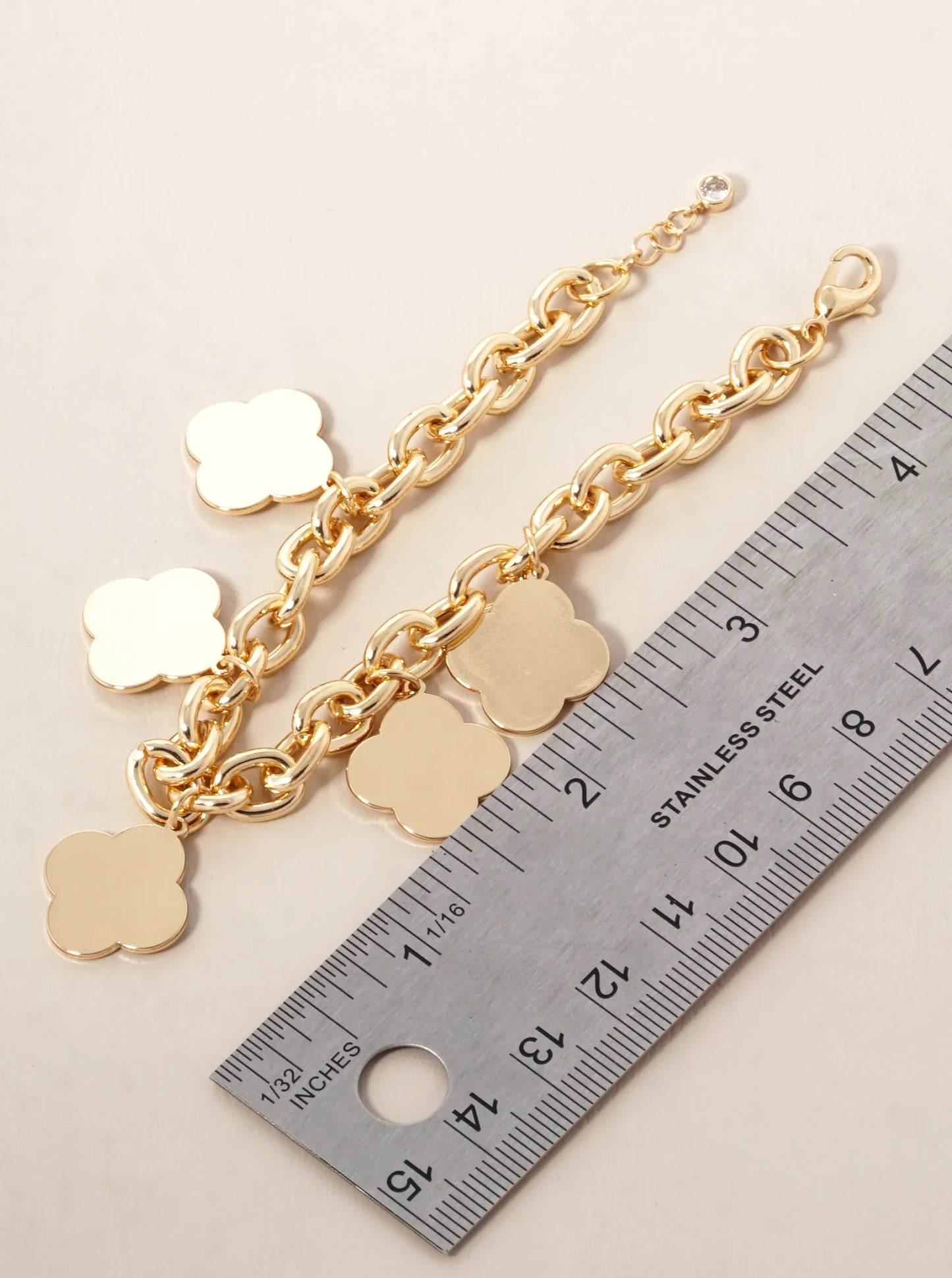 18K Gold Dipped Five Brass Quatrefoil Charms Chain Bracelet