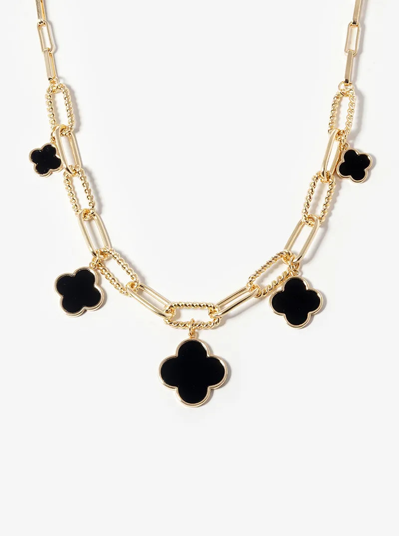 18K Gold Dipped Five Graduated Semi-Precious Quatrefoil Pendant Link Chain Necklace