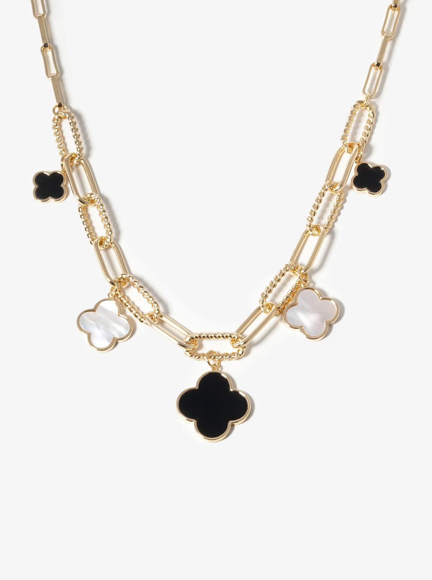 18K Gold Dipped Five Graduated Semi-Precious Quatrefoil Pendant Link Chain Necklace