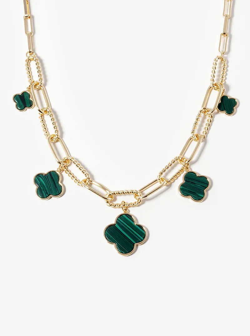 18K Gold Dipped Five Graduated Semi-Precious Quatrefoil Pendant Link Chain Necklace