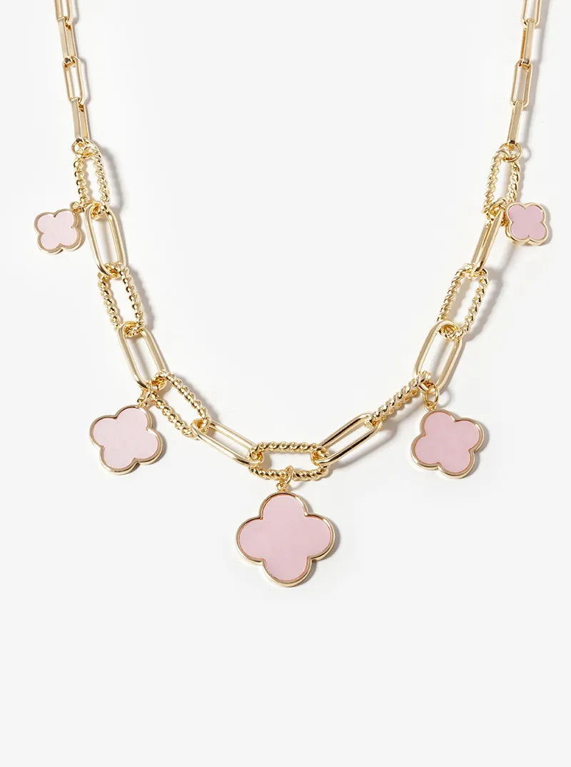 18K Gold Dipped Five Graduated Semi-Precious Quatrefoil Pendant Link Chain Necklace